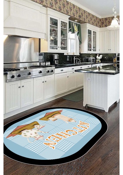 Dijital Baskılı Kaymaz Taban Kitchen Yazılı Modern Oval Mutfak Halısı, O-Mutfak-18-Mavi,