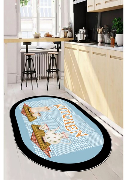 Dijital Baskılı Kaymaz Taban Kitchen Yazılı Modern Oval Mutfak Halısı, O-Mutfak-18-Mavi,
