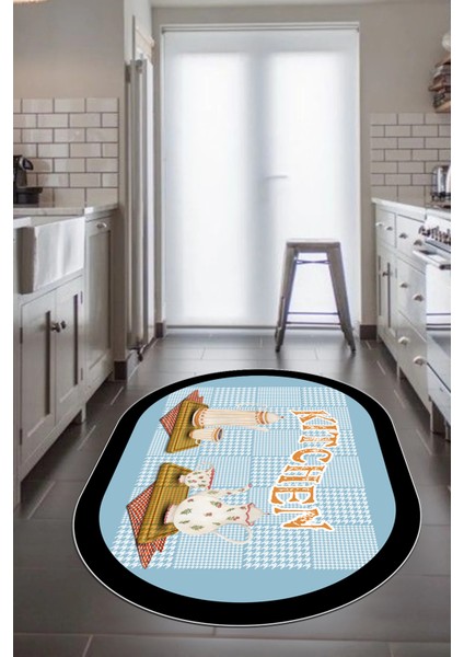 Dijital Baskılı Kaymaz Taban Kitchen Yazılı Modern Oval Mutfak Halısı, O-Mutfak-18-Mavi,
