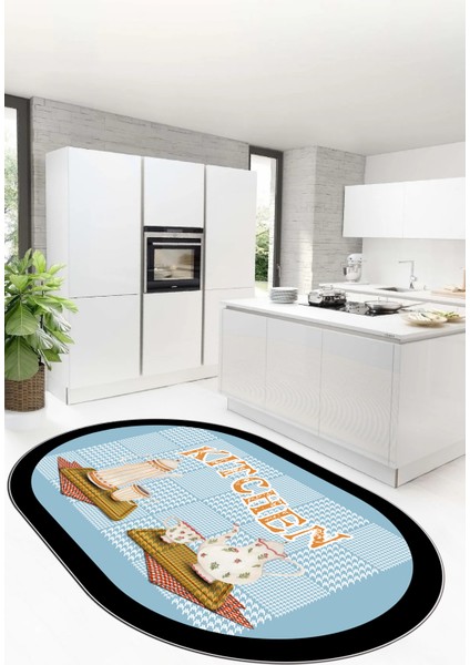 Dijital Baskılı Kaymaz Taban Kitchen Yazılı Modern Oval Mutfak Halısı, O-Mutfak-18-Mavi,