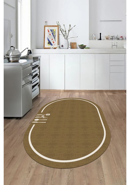 Dijital Baskılı Kaymaz Yıkanabilir Sade Çerçeveli Oval Mutfak Halısı, O-Mutfak-06-Kahve,