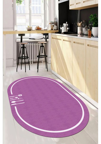 Dijital Baskılı Kaymaz Yıkanabilir Sade Çerçeveli Oval Mutfak Halısı, O-Mutfak-06-Mor, indirimleri