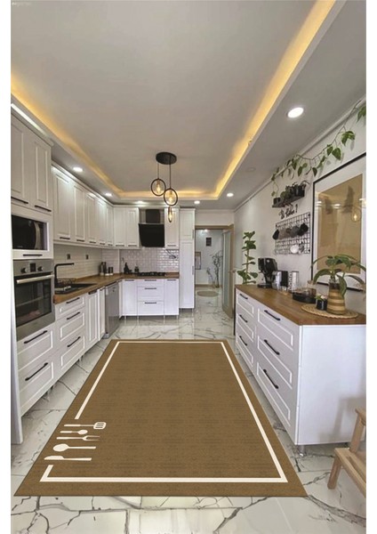 Dijital Baskılı Kaymaz Yıkanabilir Sade Çerçeveli Mutfak Halısı, Mutfak-06-Kahve,