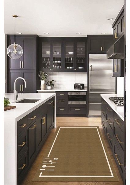 Dijital Baskılı Kaymaz Yıkanabilir Sade Çerçeveli Mutfak Halısı, Mutfak-06-Kahve, fiyatları