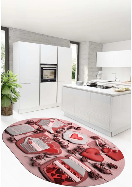 3D Kalp Fincan Motifli Kaymaz Yıkanabilir Modern Oval Mutfak Halısı, O-Mutfak-34-Kırmızı,