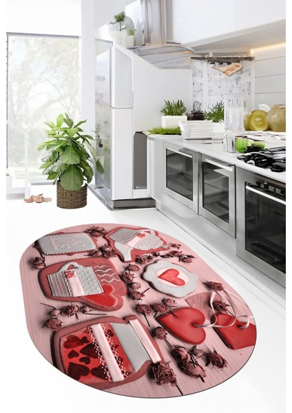 3D Kalp Fincan Motifli Kaymaz Yıkanabilir Modern Oval Mutfak Halısı, O-Mutfak-34-Kırmızı,