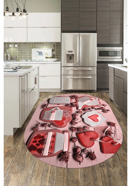 3D Kalp Fincan Motifli Kaymaz Yıkanabilir Modern Oval Mutfak Halısı, O-Mutfak-34-Kırmızı,