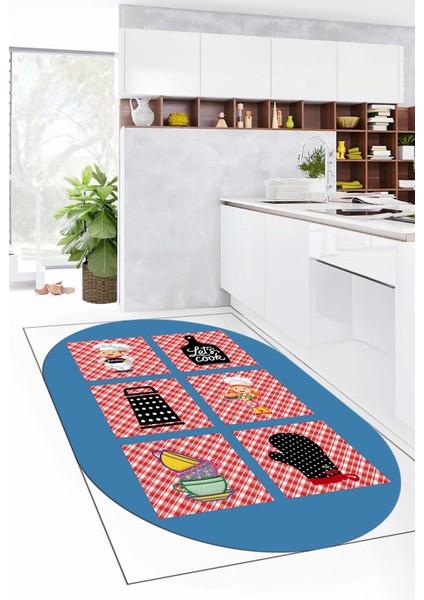 Dijital Baskılı Kaymaz Taban Yıkanabilir Renkli Modern Şık Oval Mutfak Halısı, O-Mutfak-43-Mavi,
