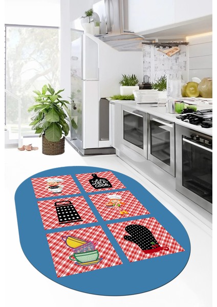 Dijital Baskılı Kaymaz Taban Yıkanabilir Renkli Modern Şık Oval Mutfak Halısı, O-Mutfak-43-Mavi,