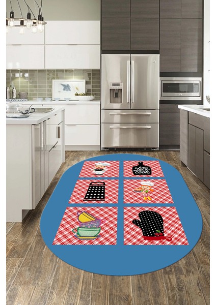 Dijital Baskılı Kaymaz Taban Yıkanabilir Renkli Modern Şık Oval Mutfak Halısı, O-Mutfak-43-Mavi,