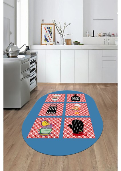 Dijital Baskılı Kaymaz Taban Yıkanabilir Renkli Modern Şık Oval Mutfak Halısı, O-Mutfak-43-Mavi,