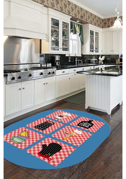 Dijital Baskılı Kaymaz Taban Yıkanabilir Renkli Modern Şık Oval Mutfak Halısı, O-Mutfak-43-Mavi,