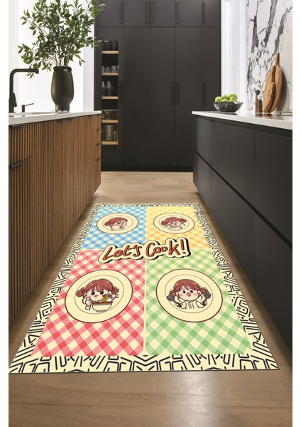 Lets Cook Yazılı Yıkanabilir Kaymaz Taban Modern Mutfak Halısı, Mutfak-36-Krem, modelleri