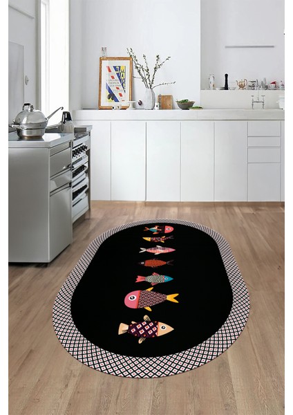 Dijital Baskılı Kaymaz Yıkanabilir Renkli Balık Desen Oval Mutfak Halısı, O-Mutfak-11-Antrasit, fiyatları