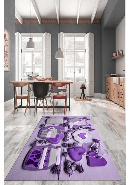 3D Kalp Fincan Motifli Kaymaz Yıkanabilir Modern Mutfak Halısı, Mutfak-34-Mor,