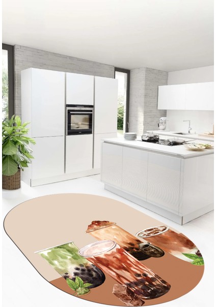 Çikolata Buz Motifli Yıkanabilir Kaymaz Taban Oval Mutfak Halısı, O-Mutfak-37-Kahve,