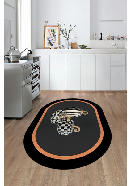 Dijital Baskılı Kaymaz Yıkanabilir Bal Kabağı Desenli Oval Mutfak Halısı, O-Mutfak-13-Antrasit,
