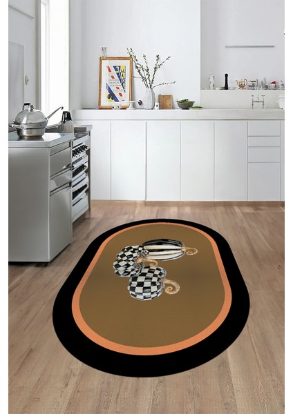 Dijital Baskılı Kaymaz Yıkanabilir Bal Kabağı Desenli Oval Mutfak Halısı, O-Mutfak-13-Kahve,