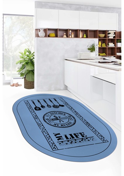 Dijital Baskılı Kaymaz Taban Yıkanabilir Renkli Modern Oval Mutfak Halısı, O-Mutfak-50-Mavi,