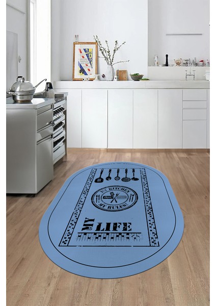 Dijital Baskılı Kaymaz Taban Yıkanabilir Renkli Modern Oval Mutfak Halısı, O-Mutfak-50-Mavi, fırsatları