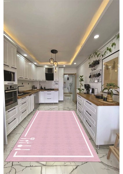 Dijital Baskılı Kaymaz Yıkanabilir Sade Çerçeveli Mutfak Halısı, Mutfak-06-Pembe,