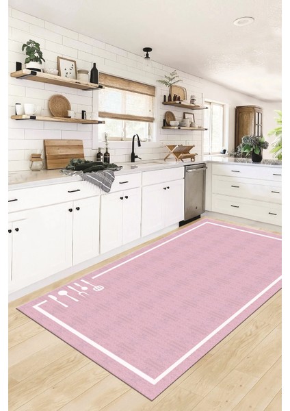 Dijital Baskılı Kaymaz Yıkanabilir Sade Çerçeveli Mutfak Halısı, Mutfak-06-Pembe, indirimleri