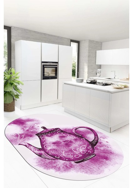 Dijital Baskılı Kaymaz Taban Çaydanlık Desenli Oval Mutfak Halısı, O-Mutfak-23-Mor,