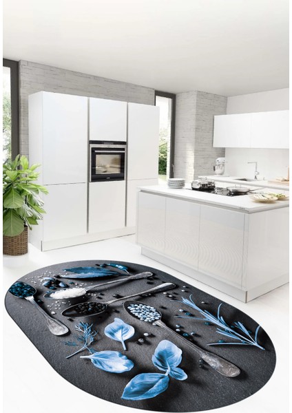 3D Dijital Baskılı Kaymaz Taban Baharat Temalı Oval Mutfak Halısı, O-Mutfak-27-Mavi,