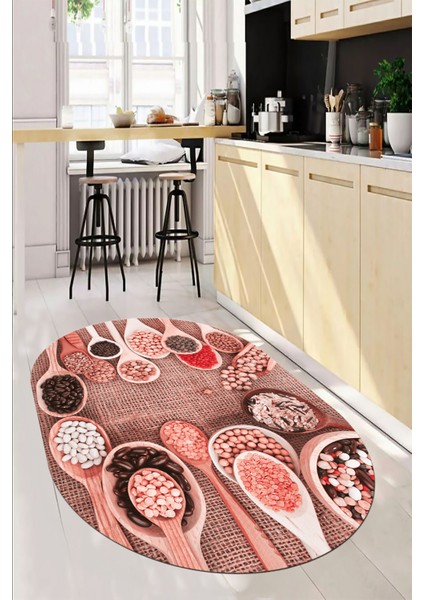 3D Kaşık Baharat Temalı Kaymaz Taban Yıkanabilir Oval Mutfak Halısı, O-Mutfak-29-Pembe,