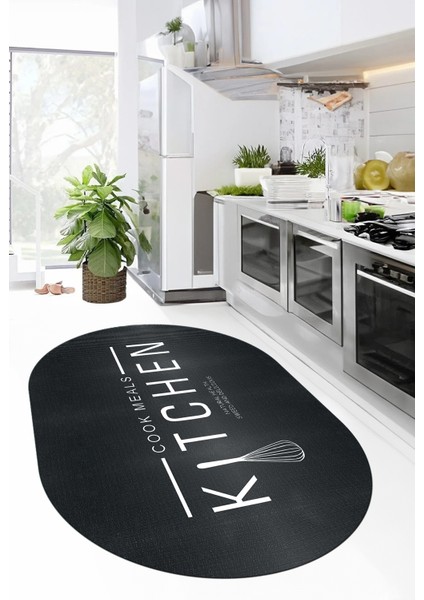 Dijital Baskılı Yıkanabilir Kaymaz Kitchen Yazılı Modern Oval Mutfak Halısı, O-Mutfak-04-Antrasit,