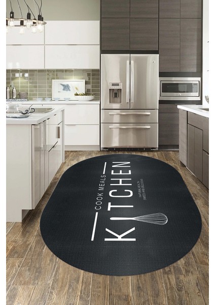 Dijital Baskılı Yıkanabilir Kaymaz Kitchen Yazılı Modern Oval Mutfak Halısı, O-Mutfak-04-Antrasit, fiyatları