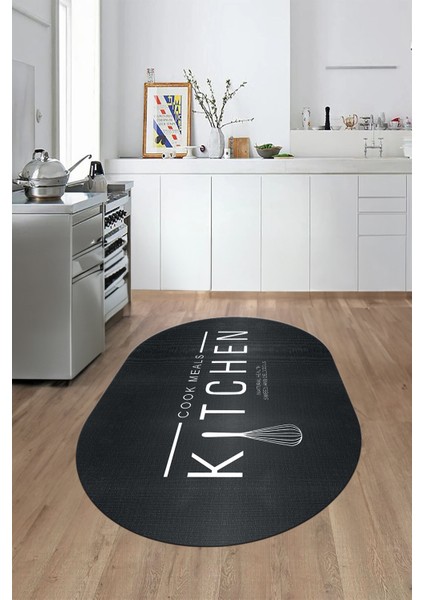 Dijital Baskılı Yıkanabilir Kaymaz Kitchen Yazılı Modern Oval Mutfak Halısı, O-Mutfak-04-Antrasit, modelleri