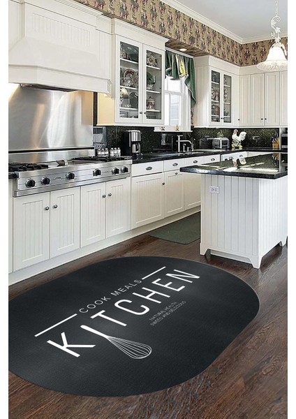 Dijital Baskılı Yıkanabilir Kaymaz Kitchen Yazılı Modern Oval Mutfak Halısı, O-Mutfak-04-Antrasit, fırsatları