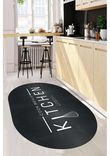 Dijital Baskılı Yıkanabilir Kaymaz Kitchen Yazılı Modern Oval Mutfak Halısı, O-Mutfak-04-Antrasit, indirimleri