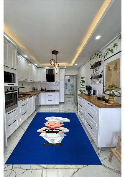 Kitchen Yazılı Aşçı Motifli Kaymaz Taban Yıkanabilir Mutfak Halısı, Mutfak-05-Mavi,