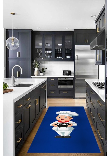 Kitchen Yazılı Aşçı Motifli Kaymaz Taban Yıkanabilir Mutfak Halısı, Mutfak-05-Mavi, fiyatları