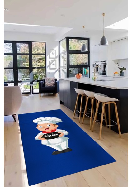 Kitchen Yazılı Aşçı Motifli Kaymaz Taban Yıkanabilir Mutfak Halısı, Mutfak-05-Mavi, modelleri
