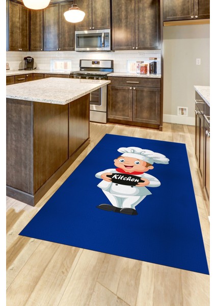 Kitchen Yazılı Aşçı Motifli Kaymaz Taban Yıkanabilir Mutfak Halısı, Mutfak-05-Mavi, fırsatları