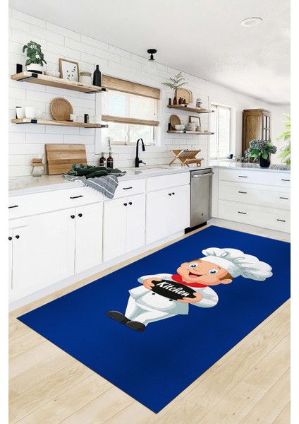 Kitchen Yazılı Aşçı Motifli Kaymaz Taban Yıkanabilir Mutfak Halısı, Mutfak-05-Mavi, indirimleri