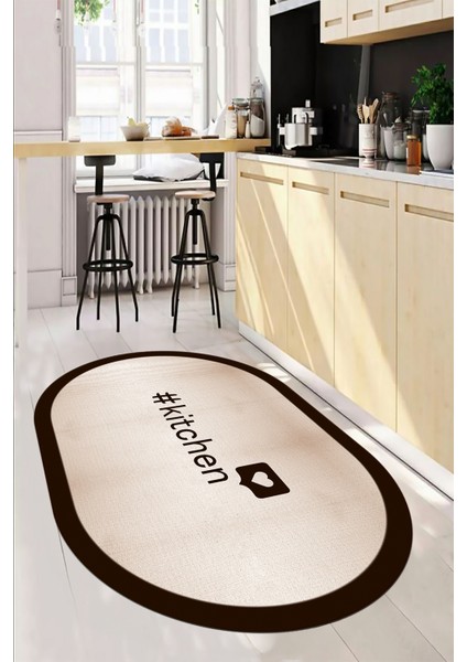 Dijital Baskılı Yıkanabilir Kaymaz Kitchen Yazılı Çerçeveli Oval Mutfak Halısı, O-Mutfak-02-Kahve, indirimleri