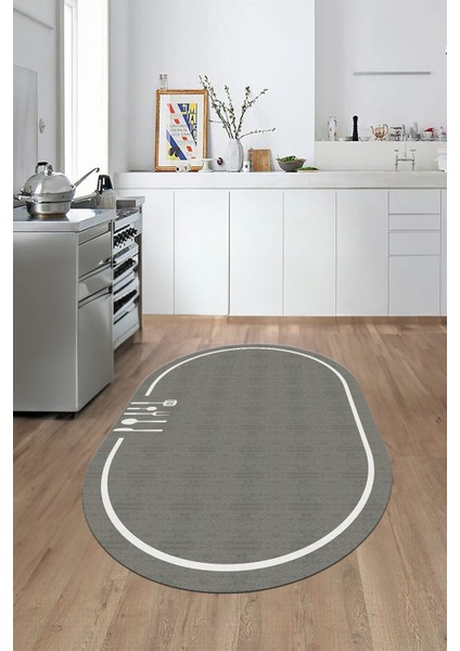 Dijital Baskılı Kaymaz Yıkanabilir Sade Çerçeveli Oval Mutfak Halısı, O-Mutfak-06-Gri, modelleri