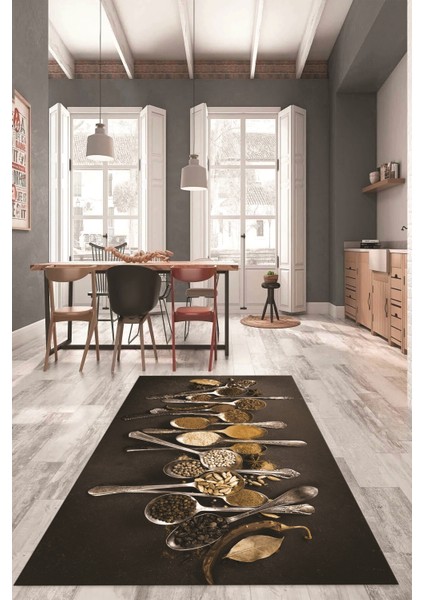 Baharat Temalı Kaymaz Taban Yıkanabilir Modern Mutfak Halısı, Mutfak-33-Kahve,