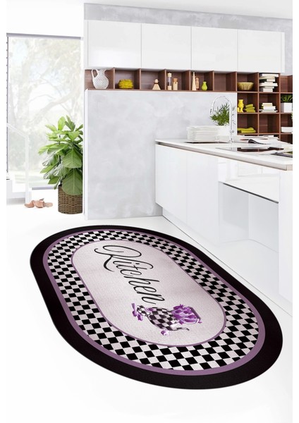 Dijital Baskılı Kaymaz Taban Yıkanabilir Kitchen Yazılı Oval Mutfak Halısı, O-Mutfak-48-Mor,