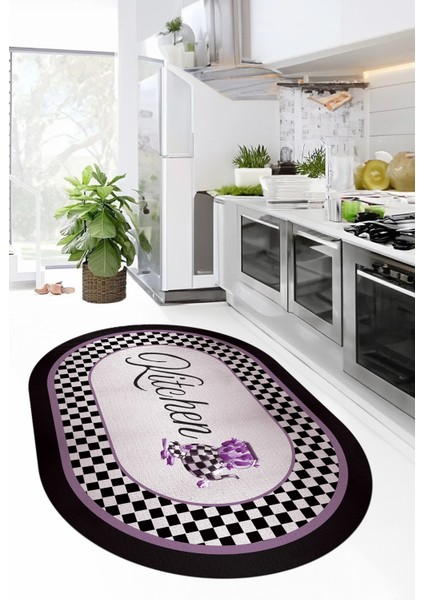 Dijital Baskılı Kaymaz Taban Yıkanabilir Kitchen Yazılı Oval Mutfak Halısı, O-Mutfak-48-Mor, fiyatları