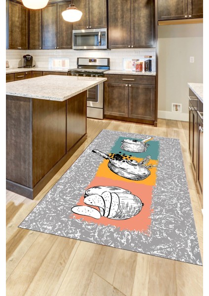Tencere Ekmek Desenli Kaymaz Taban Yıkanabilir Mutfak Halısı, Mutfak-45-Renkli, indirimleri