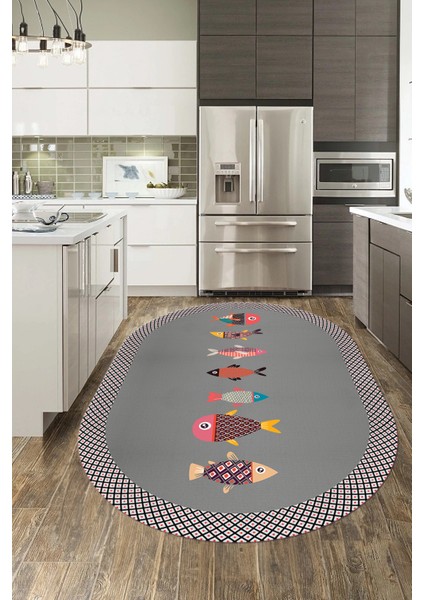 Dijital Baskılı Kaymaz Yıkanabilir Renkli Balık Desen Oval Mutfak Halısı, O-Mutfak-11-Gri,