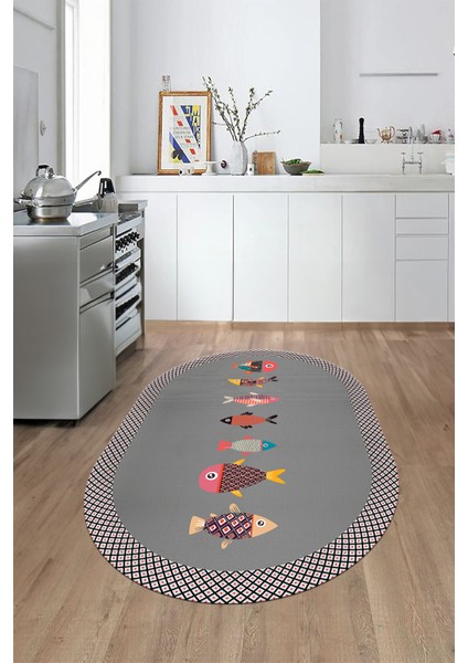 Dijital Baskılı Kaymaz Yıkanabilir Renkli Balık Desen Oval Mutfak Halısı, O-Mutfak-11-Gri, fiyatları