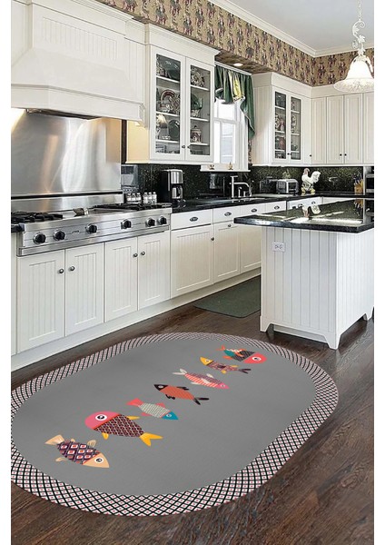 Dijital Baskılı Kaymaz Yıkanabilir Renkli Balık Desen Oval Mutfak Halısı, O-Mutfak-11-Gri, modelleri
