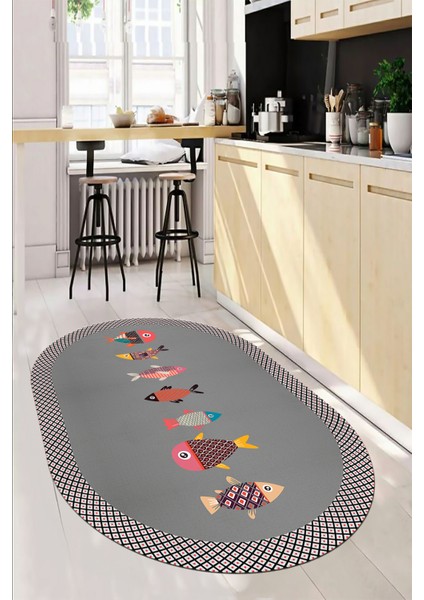 Dijital Baskılı Kaymaz Yıkanabilir Renkli Balık Desen Oval Mutfak Halısı, O-Mutfak-11-Gri, fırsatları