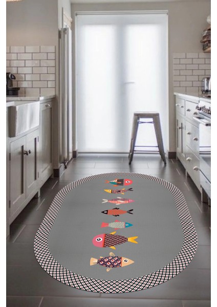 Dijital Baskılı Kaymaz Yıkanabilir Renkli Balık Desen Oval Mutfak Halısı, O-Mutfak-11-Gri, indirimleri